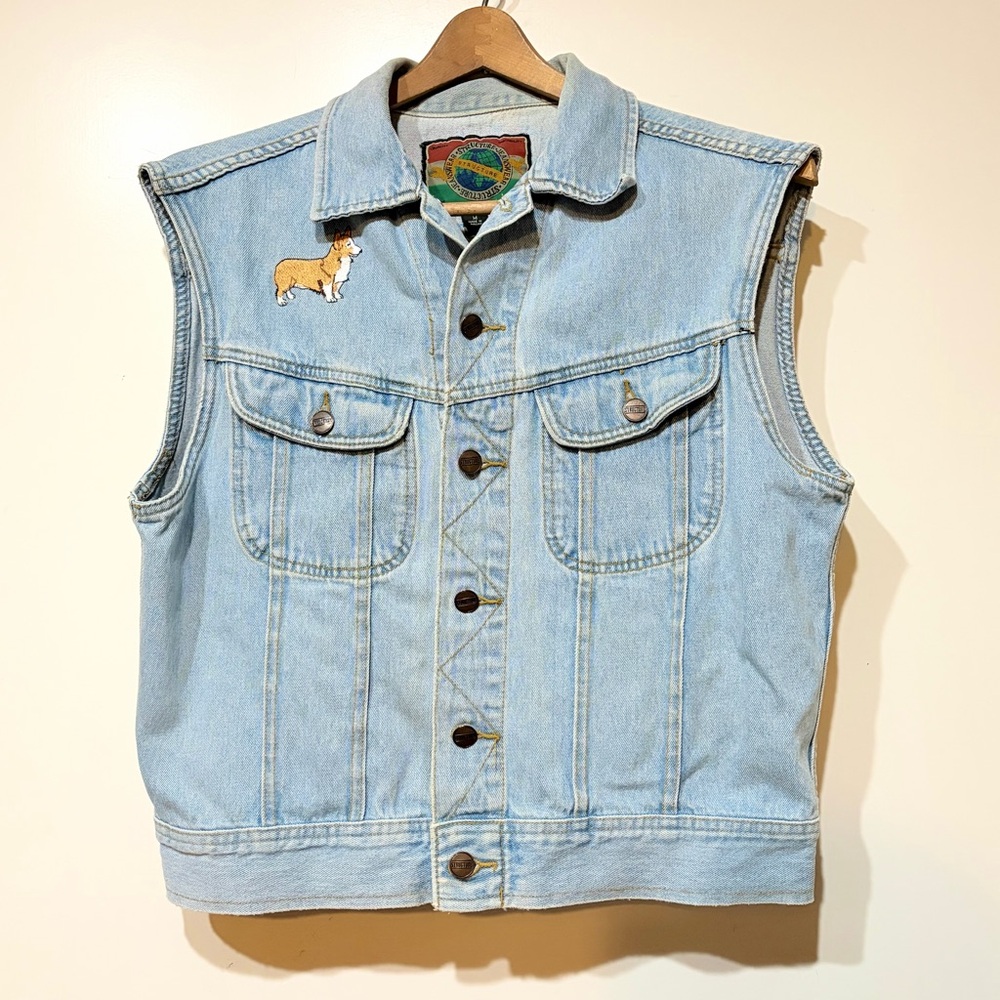 Vintage- STRUCTURE- Denim Vest- Embroidered Corgi and equestrian hunting emblem